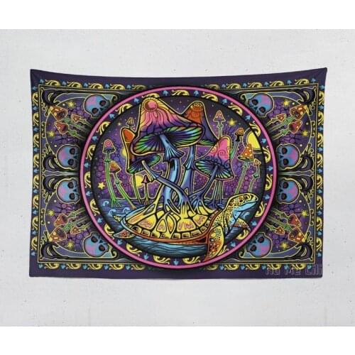 A Tapestry Of Psychedelic Mushrooms Decorates The Room Backdrop With A Cloth Of Hippies