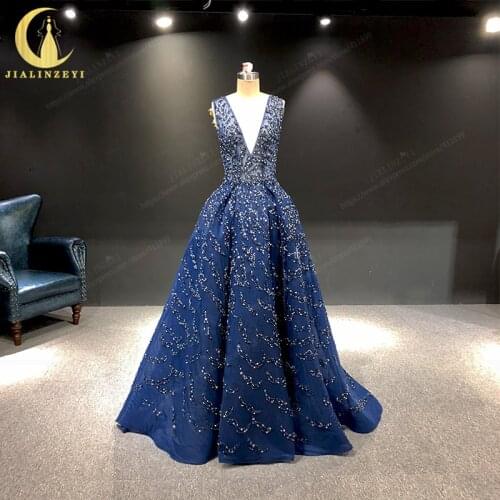 JIALINZEYI Real Image Luxurious Navy Blue Sliver Beads Zuhair Murad sexy Formal вечерние платья Dresses Evening Dress 2021