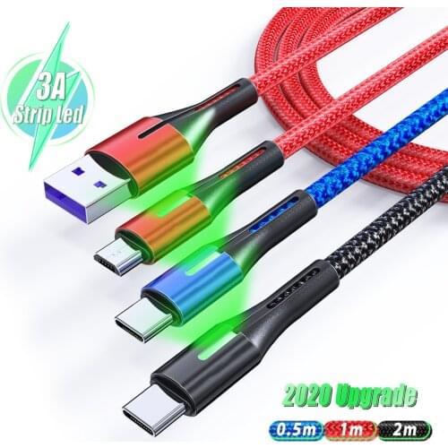 3A Micro USB Cable LED Fast Charging Type C Data Cord For Huawei Samsung Xiaomi Android Mobile Phone Accessories Charger Cables