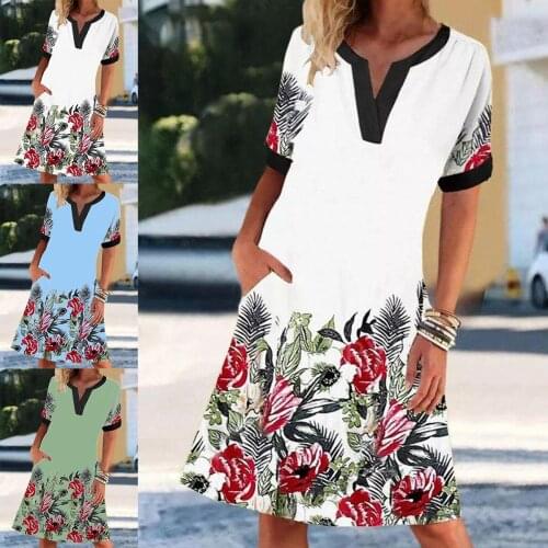 Summer Dress New Style V-neck Short-sleeved Womens Skirt Large Size Hedging Flower Print Ladies Dress Casual Loose Skirt