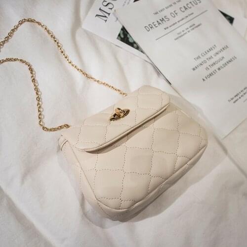 Womens Fashion Soft Leather Bag Small Single-Shoulder Bag Chain Rhombus Handbag Lock-Type Elegant Womens Messenger Bag