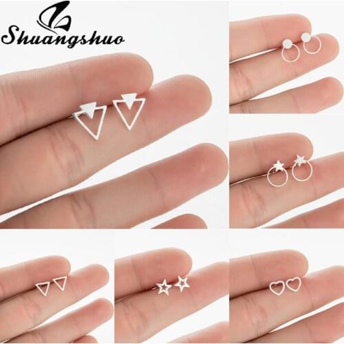 Shuangshuo Fashion Jewelry 925 Sterling Silver Double Triangles Stud Earrings for Women Girl Elegant Geometric Earrings Bijoux