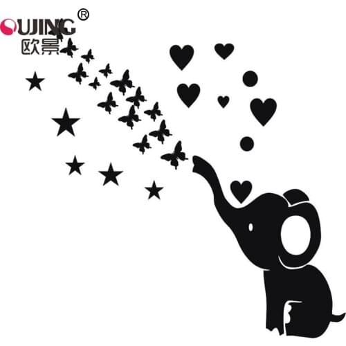 Cartoon Cute Elephant Butterflies Stars Hearts Wall Sticker Boys Girls Kids Room Nursery Wall Decals Self-adhesive DIY Art Mural