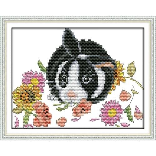 The little rabbit in flowers cross stitch kit 18ct 14ct 11ct count printed stitching embroidery DIY handmade needlework plus