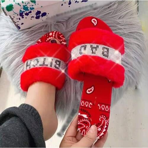 Spring/summer new 2021 Womens Warm Slipper Crystal Soft Ladies Shoes Woman Female Shoe Rhinestone Decor Fluffy Slippers