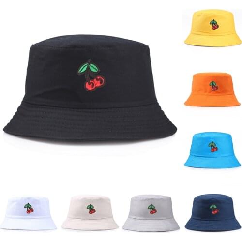 New Cherry Bucket Hats Double-sided Embroidery Summer Beach Reversible Panama Caps For Women Men Girls Fruit Sun Fisherman Hat