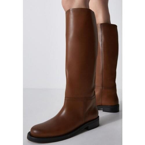 2021 ZAR New Womens Boots Round Toe Boots Brown Retro Leather High-barreled Leather Thigh High Boots Thigh High Flat Boots