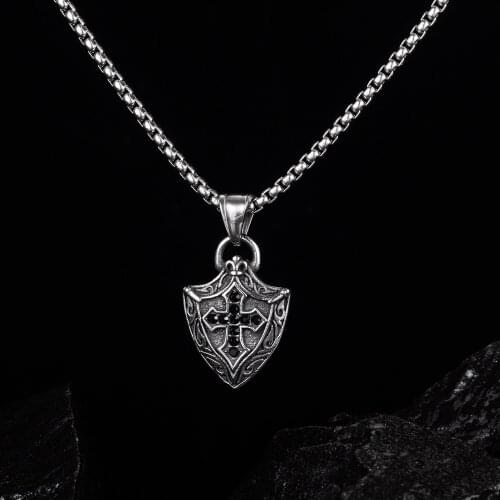 Retro Nordic Viking Necklaces Shield Pendant Vintage Black Crystal Cross Stainless Steel Necklace for Men Punk Jewelry