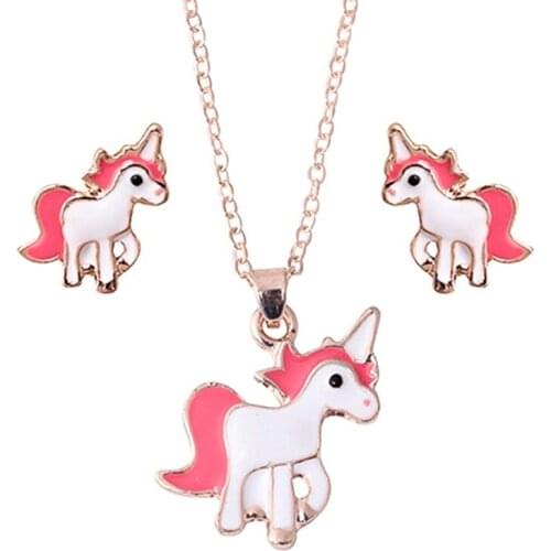 Pink Animal Jewelry Set Chain Kids Jewelry Cartoon Horse Unicorn Necklace Earring Jewelry Sets For Girls Best Gifts