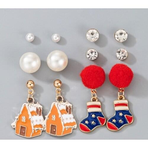 Docona New Year Christmas Earrings Set for Women Elk Santa Claus Crystal Pearl Tassel PomPom Earrings Party Gift Jewelry