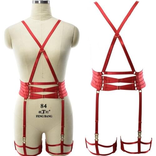 Sexy Body Harness Bondage Bodysuit Red Hollow Lingerie Bra Punk Woman Stockings Leg Garter Belt Goth Open Chest Harness Cage Bra