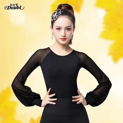 DOUBL7 Latin Dance Top Womens Long Sleeve Adult Dance Workout Clothes National Standard Dance Black Waltz Costume Modern Lace