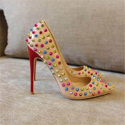 Fashion free shipping women Nude patent leather studded Poined Toe Stiletto high heel pump HIGH-HEELED SHOES Wedding Shoes