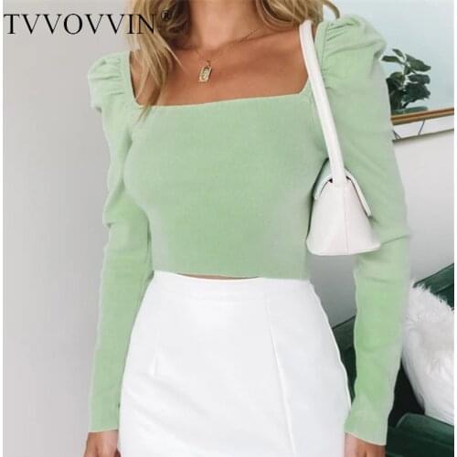 TVVOVVIN Women Square Neck Crop Knitted Jumper With Puff Shoulder Detail Long Sleeve Square Neck Crop Knit Top K4YC