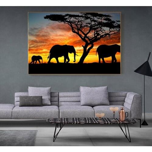 Sunset Tree Elephants Animals Landscape Painting Print on Canvas Art Wall Picture Artwork for Living Room Home Decor Unstretched