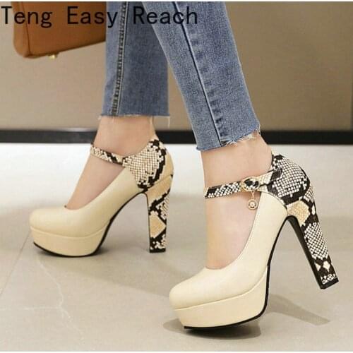 2021 Fashion Women Shoes Platform Square High Heel Women Pumps Buckle Women PU Snake Print Shoes Big Size 34-43