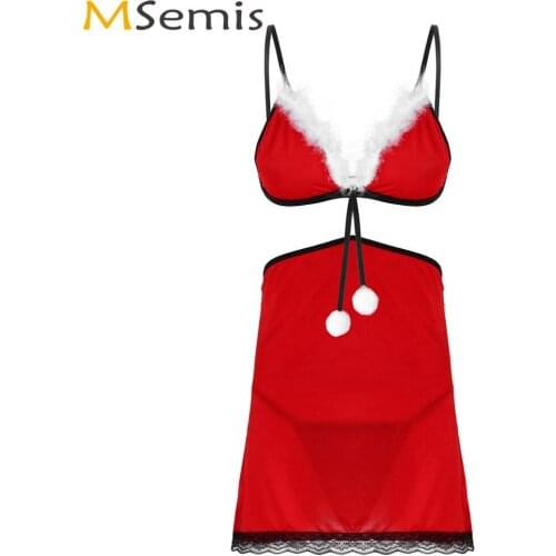 Women Christmas Red Lingerie Set Erotic Babydoll Underwear Outfit Faux Fur Lace Trim Bra Top with G-string Briefs Sexy Nightwear