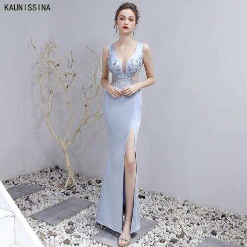 KUANISSINA Women Evening Dress Appliques Deep V-Neck Mermaid Party Gown Sleeveless Formal Dress High Split vestidos de fiesta
