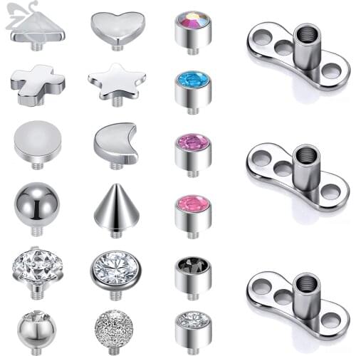 ZS 15/19 PCS Micro Dermal Piercing Set 316L Stainless Steel Dermal Anchor Surface Piercings CZ Crystal Skin Diver Body Jewelry