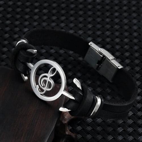 2021 Fashion Jewelry Vintage Stainless Steel Music Symbol Bracelet men Charm Jewelry cuff Genuine Leather Bracelet Pulsera