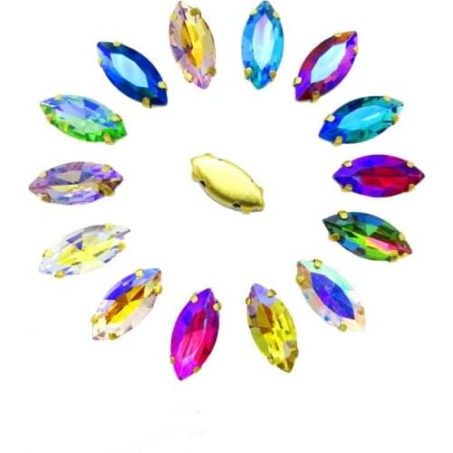 AB colors 6 sizes nice glass Crystal horse eye Navette shape with Gold claw sew on rhinestone shoes garment trim diy accessories