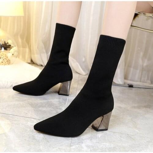New Ankle Boots Autumn Pointed Toe Stretch Knitting Sock Boots Plus Size High Heels Female Slip On Lady Shoes