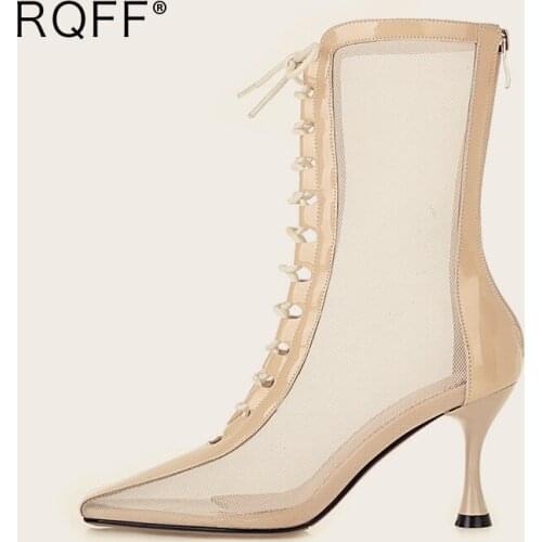 Korean Style Womens Ankle Mesh Boots Plus Size 40-43 Shoes Super High Thin Heels Summer Sandals Handmade Patent Square Toe Black