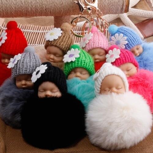 Fluffy Cute Sleeping Baby Keychain Fake Fur Doll Key Chain Women Trinket Car Key Ring Bag Hanging Pendant Multi Color Gifts