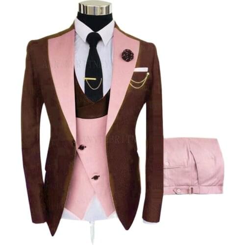 New Formal Brown Men Business Suits 3 Pieces Custom Slim fit Groom Wedding Suit Dinner Dress Tuxedo Suit Jacket Vest with Pants