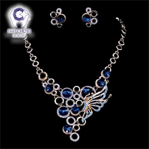 HanCheng New Fashion Hollow Butterfly Rhinestone Created Crystal Statement Golden Metal Necklace/Earrings For Women Jewelry Set