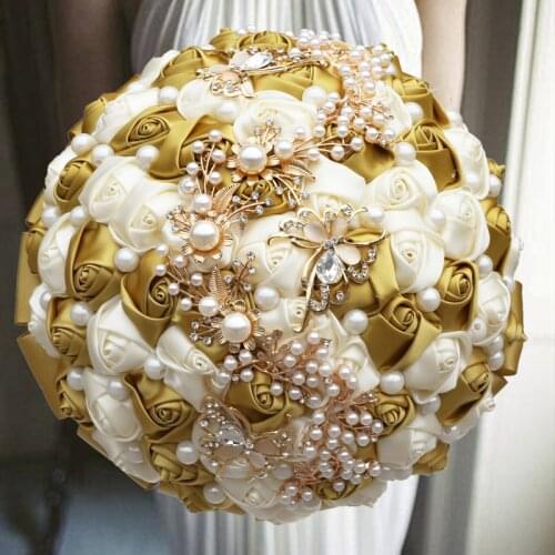 Hot Selling 1pc/lot Gold Crystal Bride Flowers with Brooch for wedding decoration