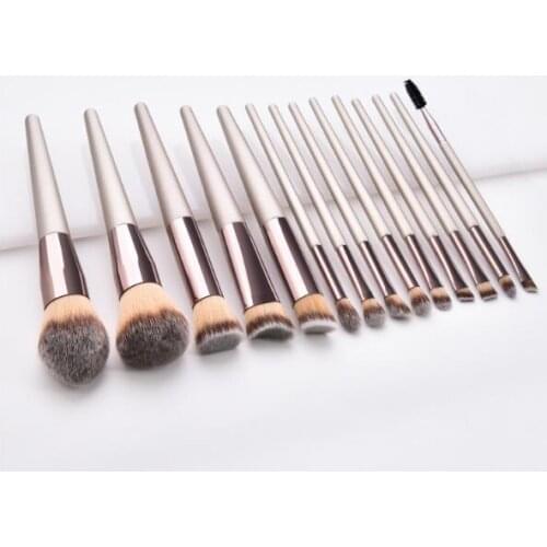 Makeup tools 14pcs makeup brush sets with Champagne gold wooden handle and aluminum tube nylon hair