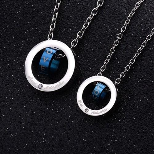 Korean Womens Fashion Two Circles Round Long Necklace Pendant for Couple Stainless Steel Men Love Letters Boho Jewelry Gift