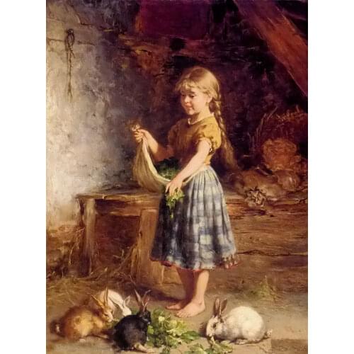 Beautiful art Oil painting heinrich hirt - Young girl feeding the rabbits canvas