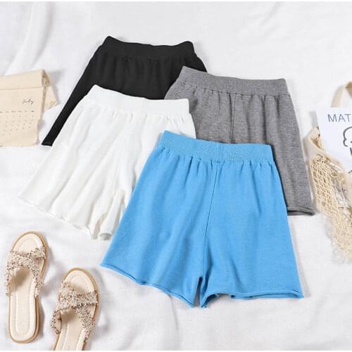 Summer Fashion Retro Elastic Waist Wide Leg Trousers Loose Knitted Shorts Women Curled Hotpants White Casual Shorts Women C7570