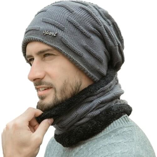 Skiing Hat Scarf Set Men Autumn Winter Thick Thermal Fluffy Knitted Snowboarding Cap Neck Warmer Hat