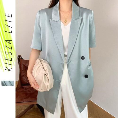 Fashion Casual Loose Notched Blazers Summer Short Sleeved for Womens Thin Acetic Satin Blue Suits Ladies