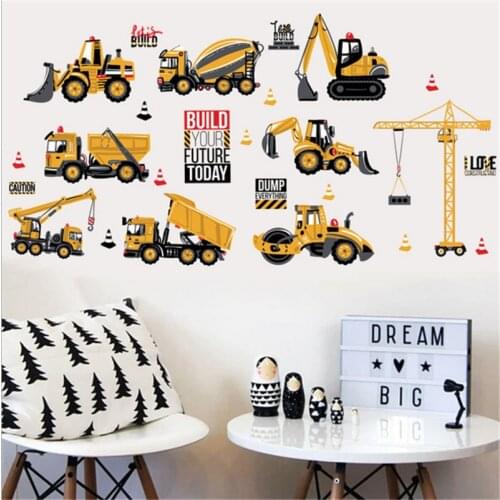 Cartoon Construction Vehicle Car Wall sticker build your future crane excavator kids boy bedroom decor decals