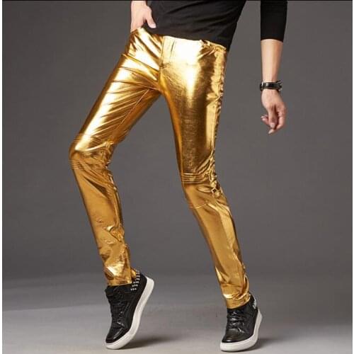2020 mens leather pants Korean version of the slim feet pants stage show mens motorcycle mens glossy silver leather pants