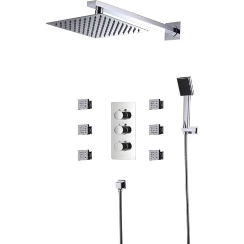 Wall Mount Thermostatic Shower Faucet Set, LED 7 Colors Rainfall Shower Head and Spa Body Massage Spray Jets Shower Mixer