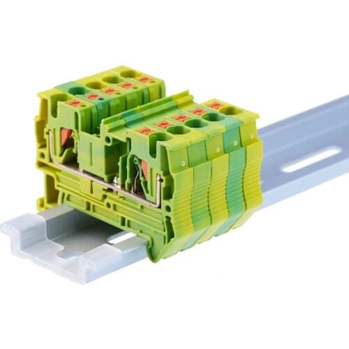 Din Rail Ground Terminal Block 10Pcs PT-4PE Spring Feed Through Connection Push In PT4-PE Wire Conductor