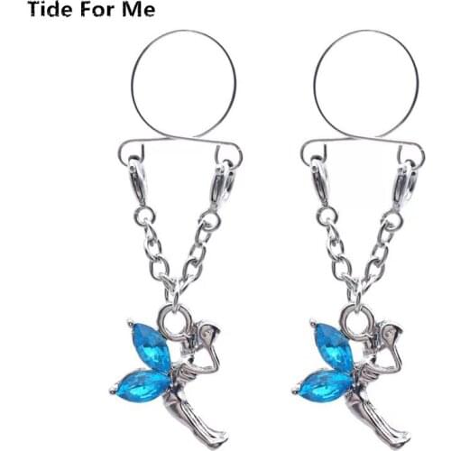 New Pink Blue Crystal Angel Fairy Non pierced Clip On Nipple Rings Fake Nipple Dangle Adjustable Women Sex Body Jewelry Gift