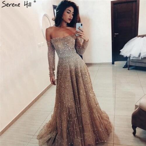 Sexy Champagne Color Long Sleeve Evening Dresses 2020 New Design A-Line Off Shoulder Beading Evening Gowns Serene Hill DLA70292