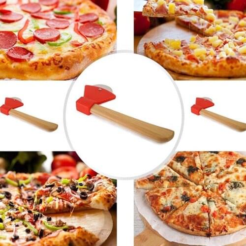 Pizza Cutter Stainless Steel Pizza Single Wheel Cut Tools Creative Axe Shape Wood Handle Rotating Blade Waffle Cake Cutting Tool