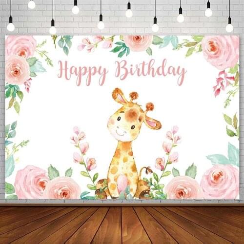 Happy Birthday Backdrop Giraffe Floral Pink Flower Girl Decor Safari Photography Background Photostudio Prop Photozone Photocall