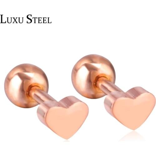 LUXUSTEEL New Rose Gold/Black Color Size 4mm Heart/Round/Triangle/Star/Square Shape Screw Stud Earrings Stainless Steel Jewelry