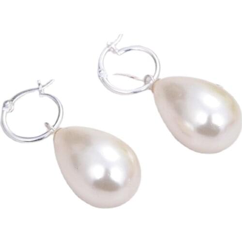 JK Natural 17x25MM Teardrop White Sea Shell Pearl 925 Silver Hoop Earrings Classic Luxury For Women Lady Gift