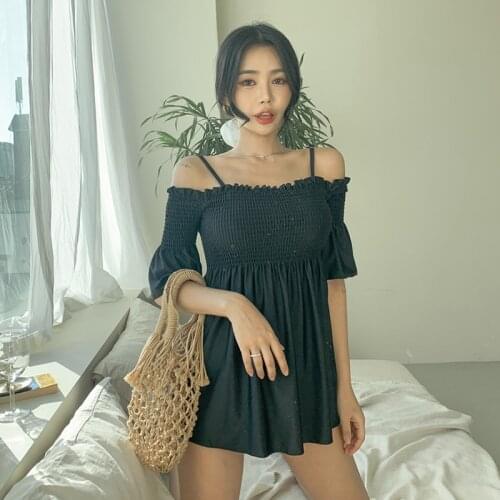 Off Shoulder Swimsuit One Piece Solid Swimwear Short Flare Sleeve Monokini Push Up Swim Suit Pleated Padded Bathing Suit Skirted