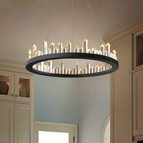 Modern Round Luminaria Led Pendant Lamp Lustre Crystal Pendant Light Living Room Matte Black Metal Suspend Lamp Hanging Lamp