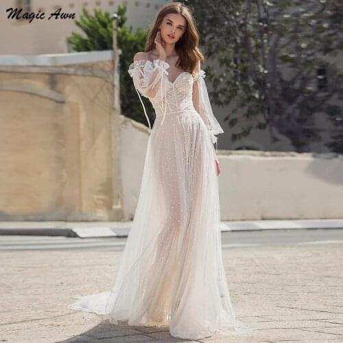Magic Awn Boho Wedding Dresses With Detachable Puff Sleeves Sweetheart A-Line Beach Champagne Mariage Gowns Illusion Vestidos